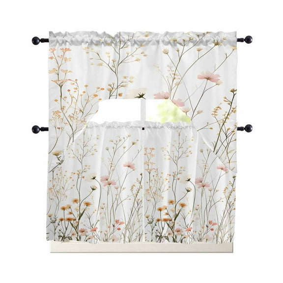Pastoral Botanical Kitchen Curtains Swag Valance and Tier Curtains Set 24 Inch Length, Vintage Watercolor Floral Rod Pocket Drape Panels Pair Swag Curtain for Bathroom/Cafe/Window