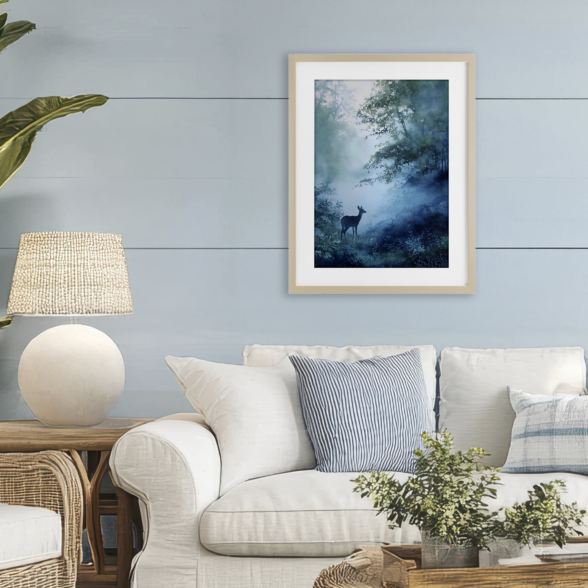 Stupell Industries Blue Dawn Deer in Mist Birch Framed Print Under Glass, design by Franklyn Gregory