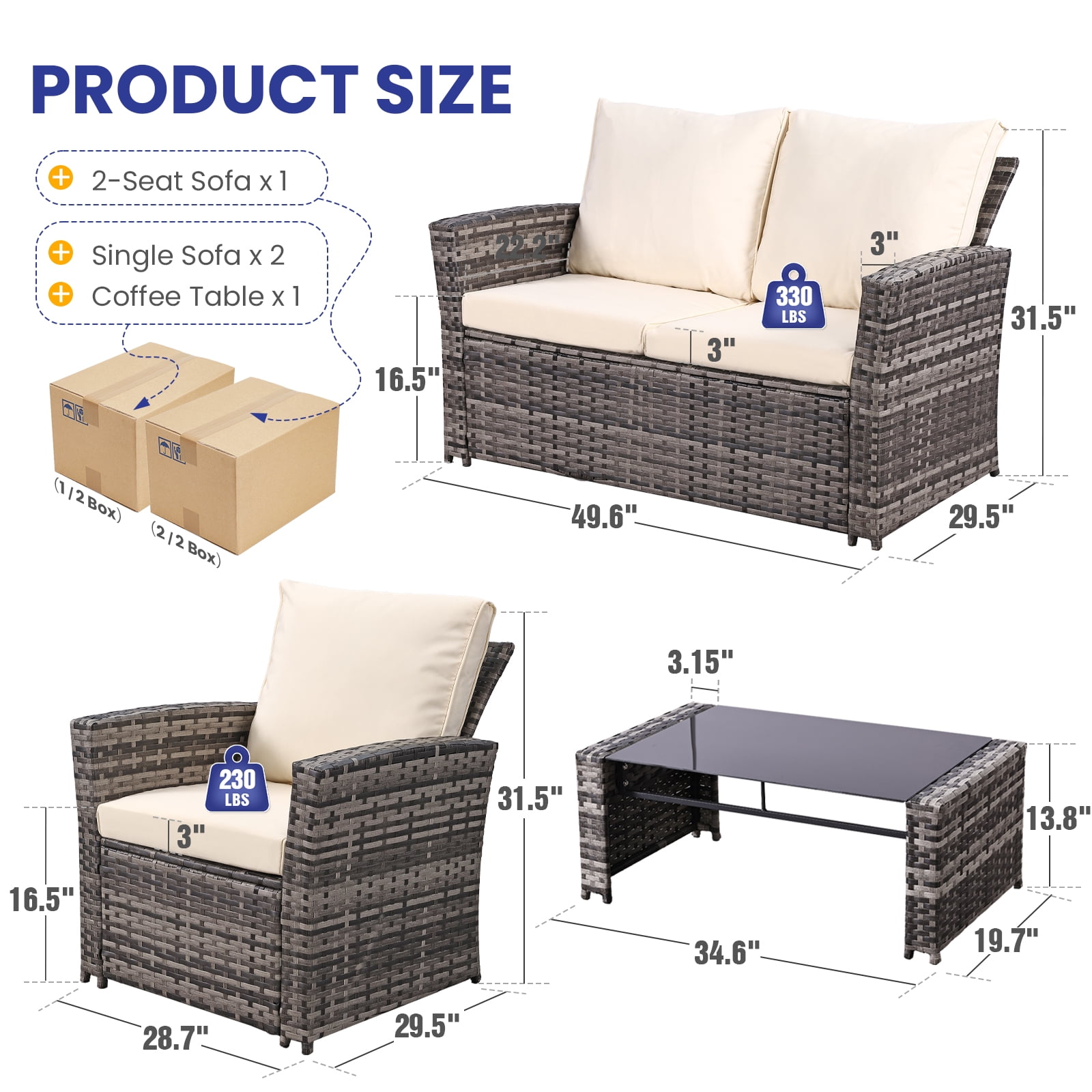 4 Piece Outdoor Patio Furniture Set,Wicker Conversation Sets Outdoor Sectional Patio Sofa Couch with Cushions & Coffee Table for Outside, Garden, Balcony, Porch,(Grey/Beige)