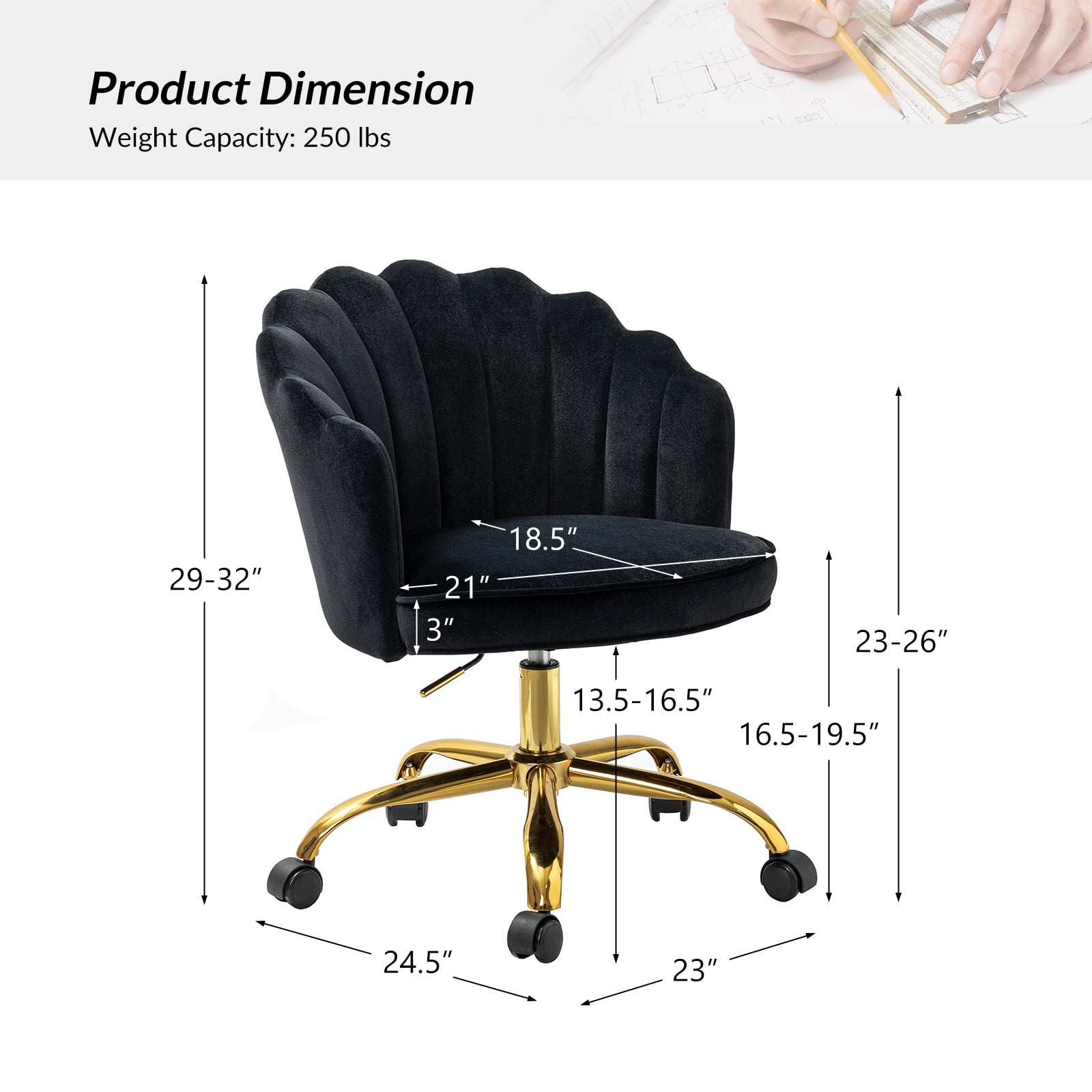 Office Chair Velvet Upholstered Task Computer Desk Shell Makeup Vanity Swivel Adjustable Metal Gold Base Bedroom Black