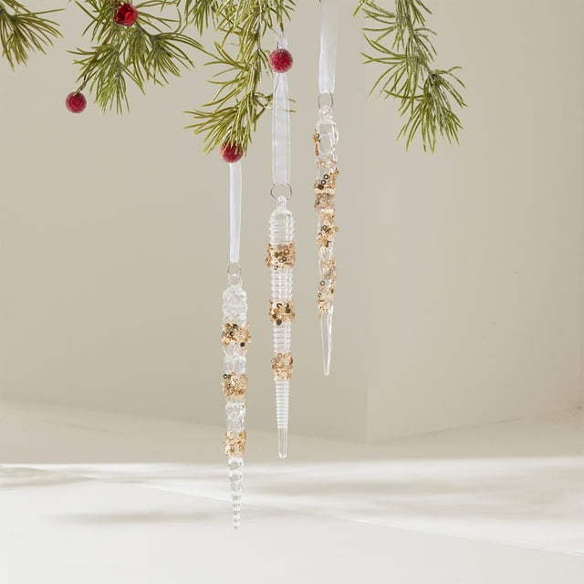 3Pcs Christmas Icicle Ornaments for Christmas Tree Decorations, Hanging Acrylic Crystal Christmas Ornaments 5.7" Clear Plastic Icicles for Christmas Tree, Winter Wonderland Decorations Supplies