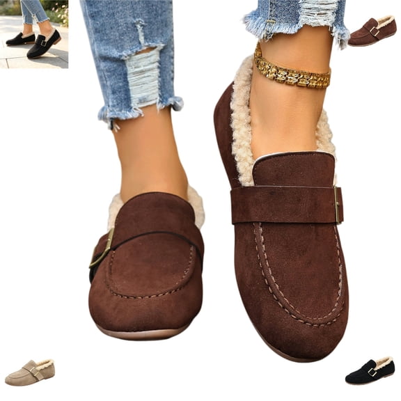 YOUYEDIAN Loafers for Women Winter Versatile Plush Belt Deco Slip On Flats Fashion Round Toe Comfortable Warm Casual Shoes
