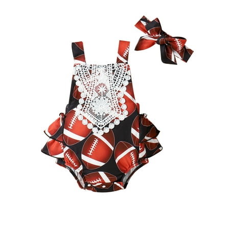 

Infant Baby Girl Football Outfit Sleeveless Backless Cake Smash Romper with Headband Sunsuit