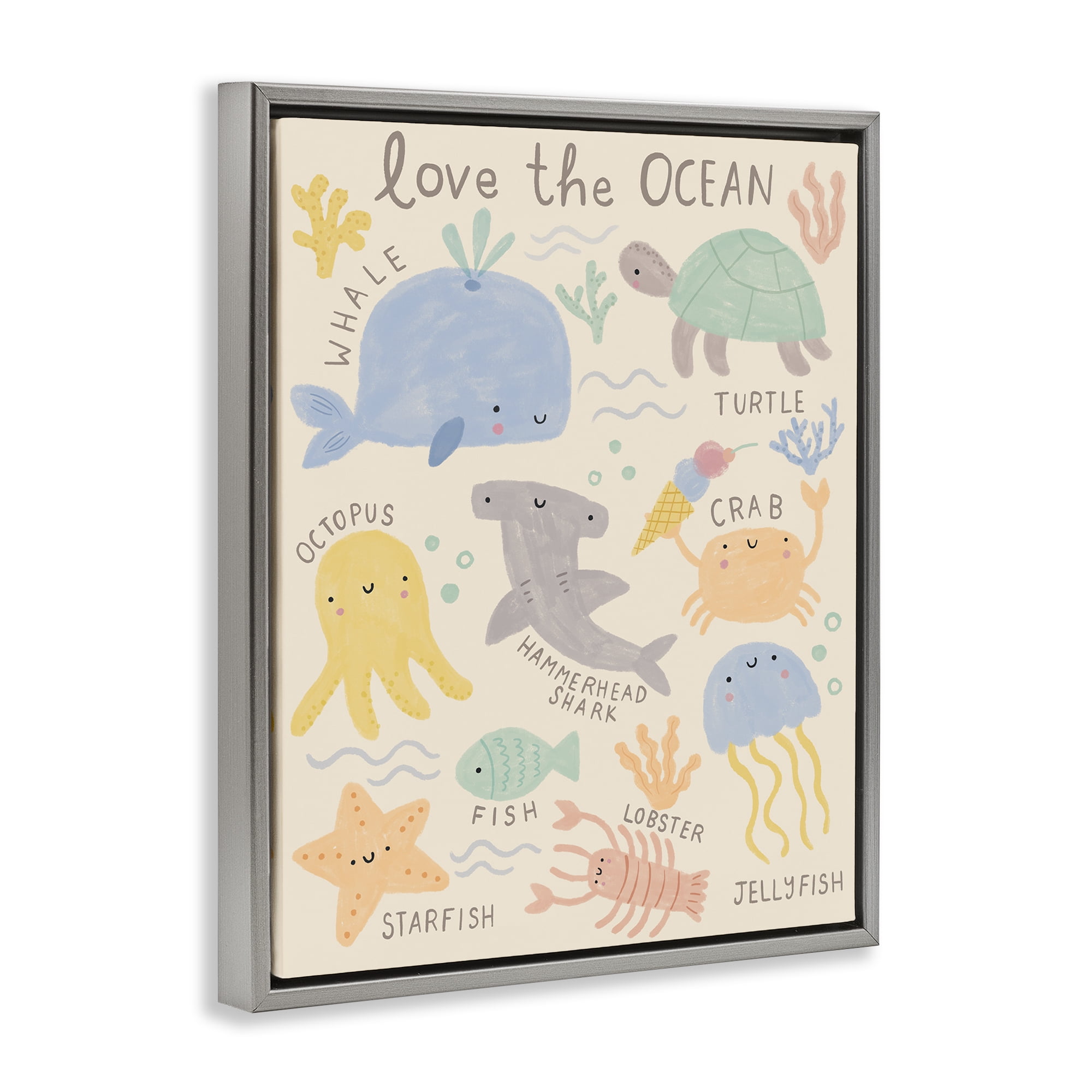 Stupell Industries Love The Ocean Creatures Animals Painting Gray Floater Framed Canvas Art Print Wall Art, 25 x 31