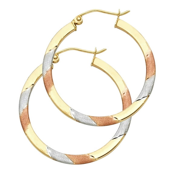 Satin Finish Round Hoop Tricolor Earrings 14k Yellow White Rose Gold French Lock Genuine 30mm x 30mm