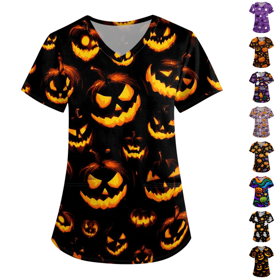 Halloween Party Costumes Women Short Sleeve Basic Scrub T Shirts Pumpkin Decor Graphic Loose Fit Summer Fall Blouse Black 4XL
