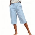 thumbnail image 5 of cocolona Womens Summer Casual Striped Linen Shorts Elastic Waist Splited Wide Leg Knee Length Beach Shorts with Pockets, 5 of 5