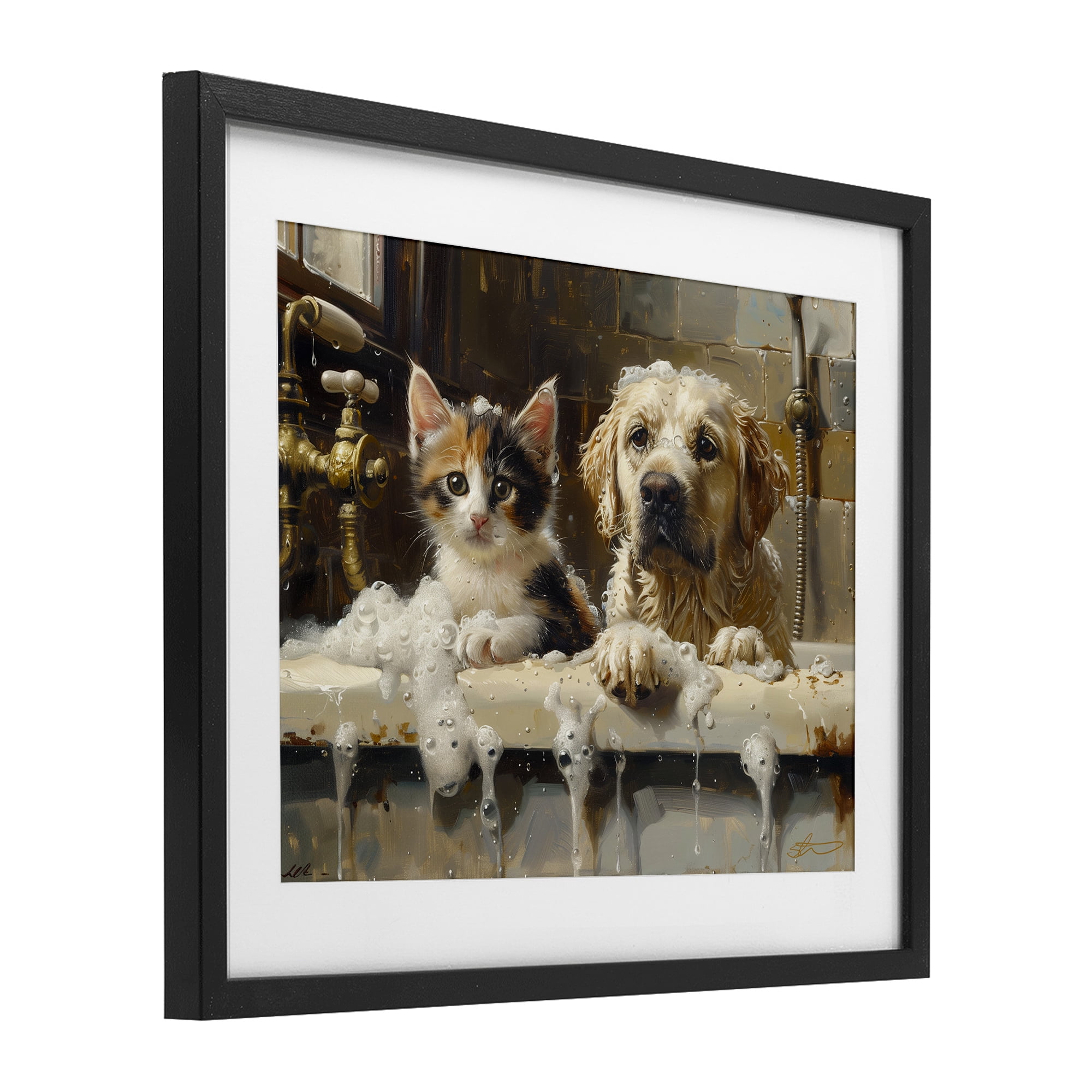 Bath Buddies Cat & Dog Black Framed Print Under Glass, design by Shawna Stewart