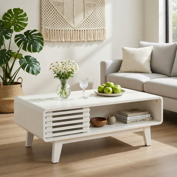 Topcobe Modern Mid-Century Wood Coffee Table with Rectangle Design, Modern Furniture for Living Room, Farmhouse Style, Storage Compartments