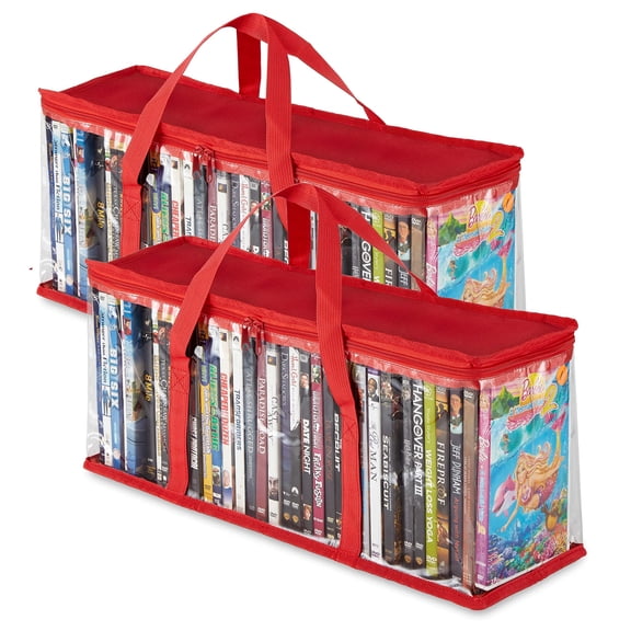 Stock Your Home DVD Storage Bags (Set of 2) Media Organizer Bag for DVDs, CDs, Blu Ray Disc, Movie Cases, VHS Box, Video Game Disks, Clear Plastic Holders with Carrying Handles and Zipper - Red