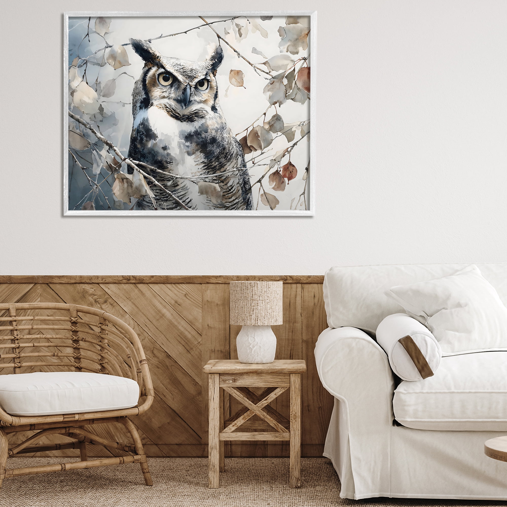 Stupell Industries Horned Owl Perched White Framed Giclee Art, design by Franklyn Gregory