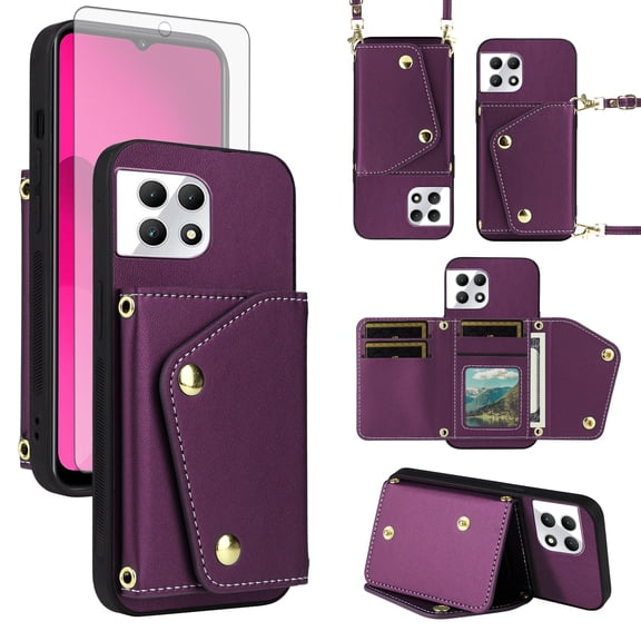 ELISORLI Luxury Wallet Case for T-Mobile Revvl 7 5G & Tempered Glass Card Slots Flip Purse Shoulder Strap, Card Holder Stand Phone Cover for Tmobile Revvl7 T Mobile Revel Tmo Revell Rebel Deep Purple