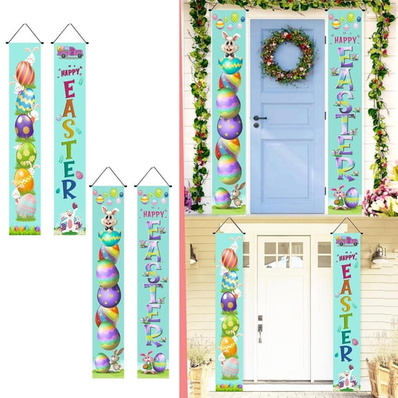 CoreLiving Easter Door Banner Outdoor Decor Spring Seasonal Welcome Sign Bunny Rabbit Eggs Carrot Design Double Sided Porch Hanging Flag 12x71 Inch