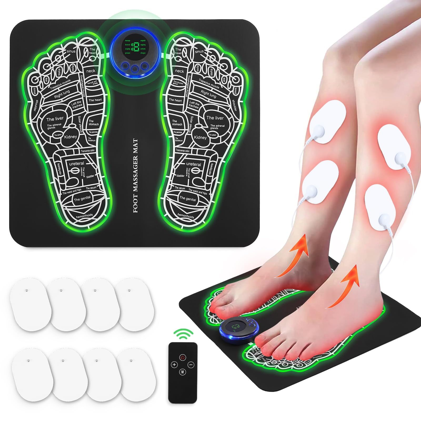 EMS Foot Massager Mat for Neuropathy-Foot Stimulator Massager with Remote Control, 2-in-1 Back Massager & Legs Foot Circulation Device for Pain Relief Fasciitis, Muscles Relaxation with 8 Pcs Pads