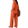 thumbnail image 5 of Women's Cotton Linen 2 Piece Outfit, V-Neck 3/4 Sleeve Top & Drawstring Wide Leg Pants Casual Matching Set, Brick Red L, 5 of 9
