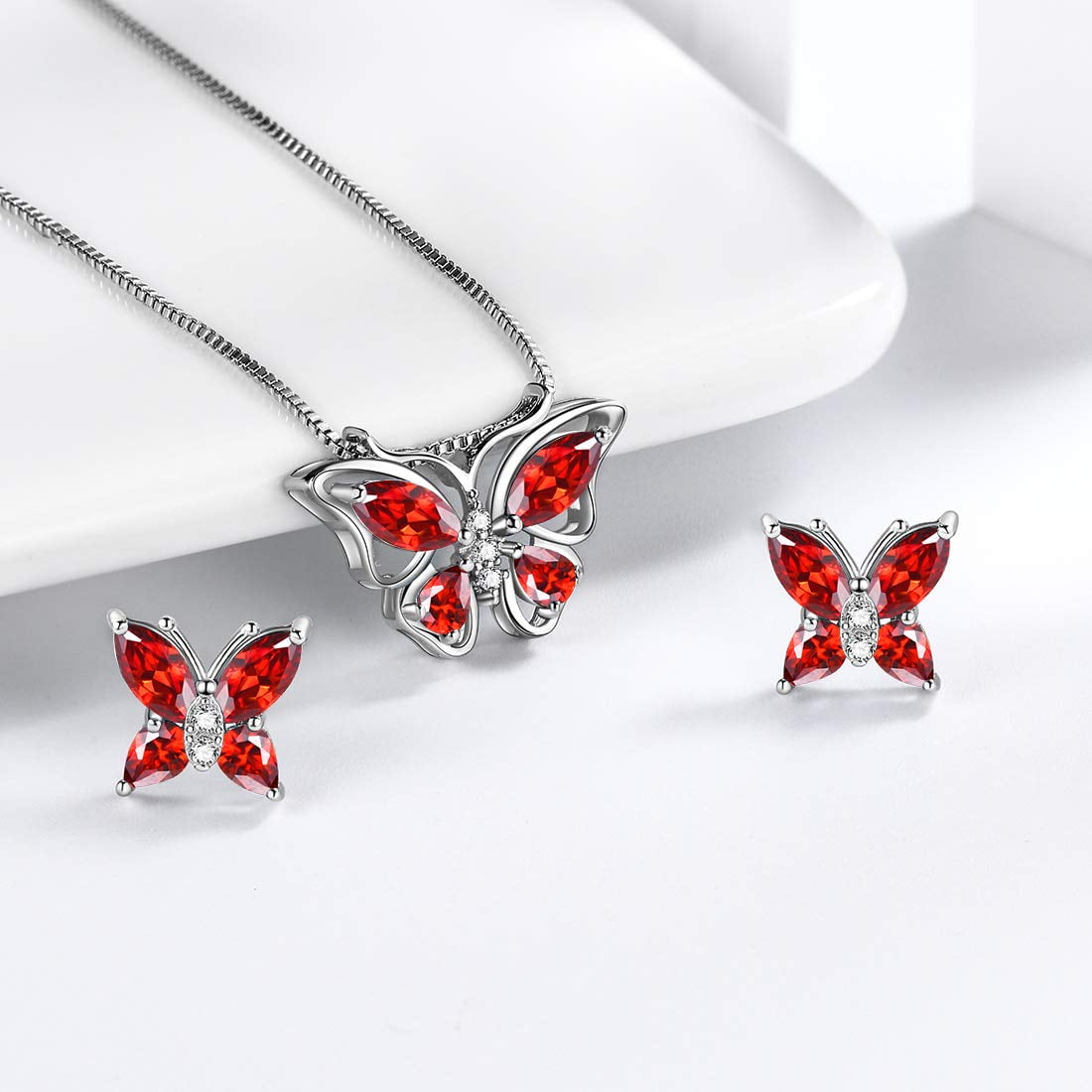 Red Butterfly Jewelry Garnet January Birthstone Jewelry Set Fine Necklace Earrings 925 Sterling Silver Women Birthday Mother's Day Gift