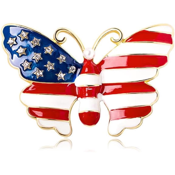 Butterfly USA Flag Brooch Pin for Women Gold Tone Fashion Rhinestone Star Blue Red Enamel 4th of July American Patriotic Medal Brooches Dress Accessories Veterans Independence Memorial Day Jewelry