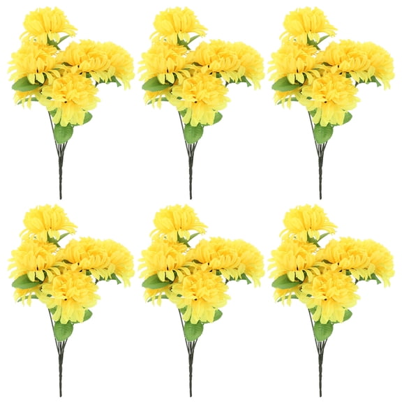 HAMPPLIES 6-Pack Yellow Artificial Chrysanthemums Bouquet Silk Plastic Grave Decorations for Cemetery