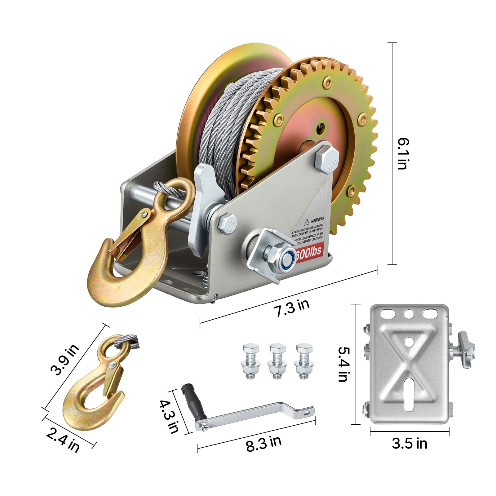 KFFKFF 1600 lbs Hand Winch, Durable Manual Crank with 32.8ft Steel Cable, Two-Way Ratchet, Non-Slip Handle, Easy-to-Install Gear for Boat Trailer and ATV Towing