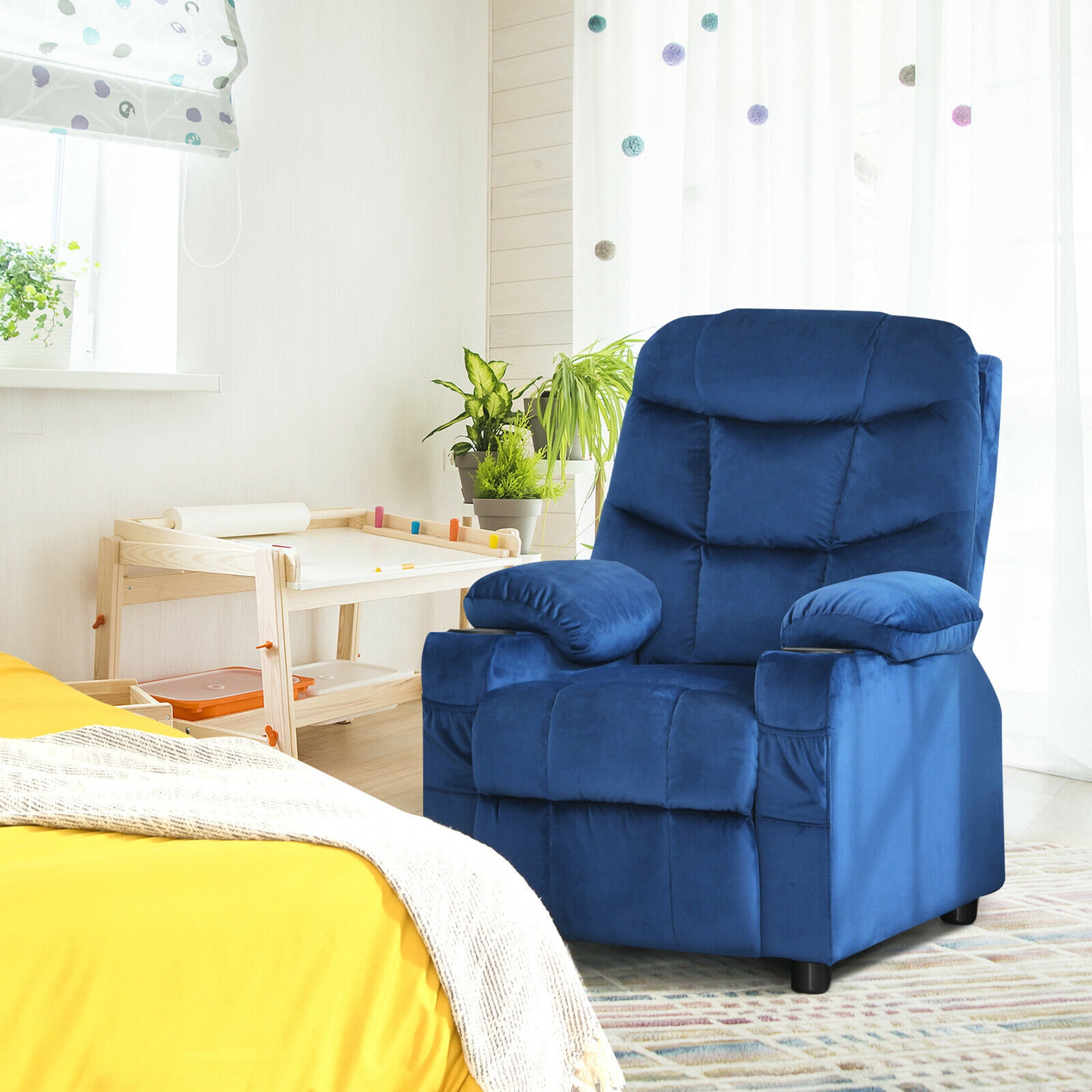 Gymax Kids Youth Recliner Chair Velvet Fabric w/Cup Holder & Side Pocket Blue