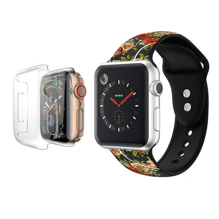 Apple Watch Bands 44mm with Full Body Clear Hard Case Temper Glass Screen Protector Soft Silicone Wrist Band for iWatch Apple Watch Series 4 Black Rose Floral Walmart