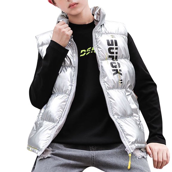 GiLiling Boys and Girls Vest Autumn Winter Thick Winter Warm Cotton Jacket Lightweight Soft with Pockets Clothes (Silver, 10-13 Years)