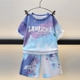 thumbnail image 2 of Caqnni Boy's 2 Piece Summer Beach Set Short Sleeve Tee with Elastic Waist Short Sets Cartoon Print 2PCS Set Gift Pajamas & Dailywear Set 4-5 Years,Purple, 2 of 5