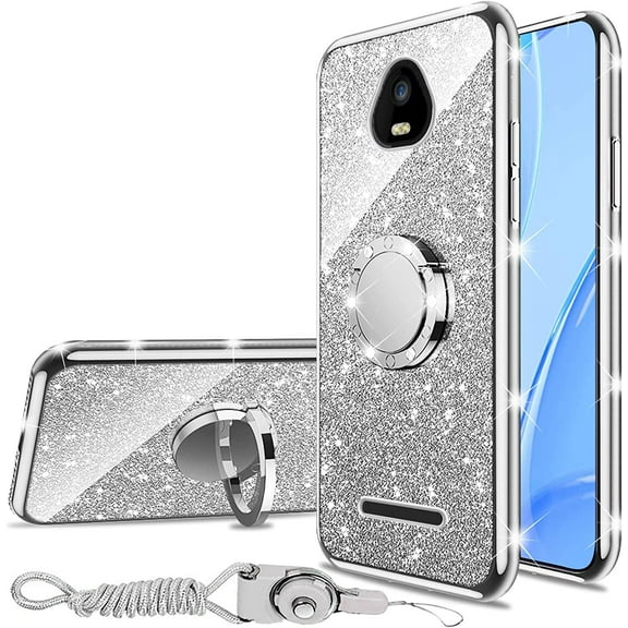 nancheng for Schok Volt SV55 (SV55216) Phone Case with Ring Stand Strap Lanyard Girls Women Men Soft TPU Glitter Shockproof Protection Cover - Silver