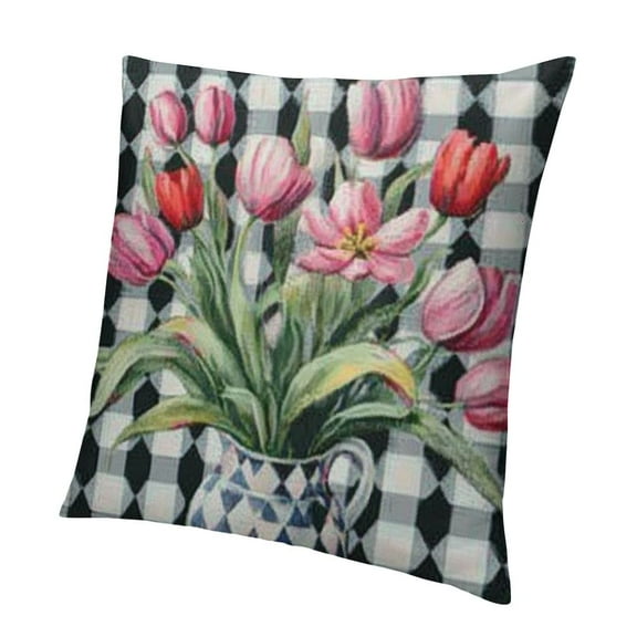 BCIIG Spring Pink Tulips Pillow Covers Buffalo Plaid Black White Decorations Outdoor Throw Pillow Covers, Square Pillowcases for Sofa Couch Bedroom Decorative 12x12in
