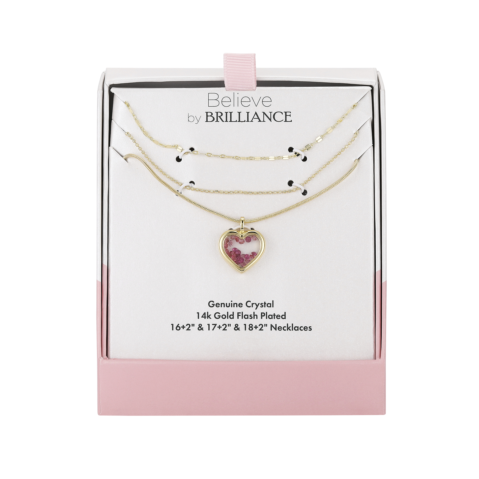 Believe by Brilliance Pink Crystal Shaker Heart Layered Necklace Set, 16+2/17+2/18+2"