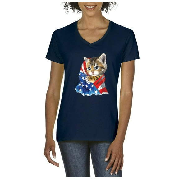 IWPF - Women's T-Shirt V-Neck Short Sleeve - American Flag 4th of July Kitty