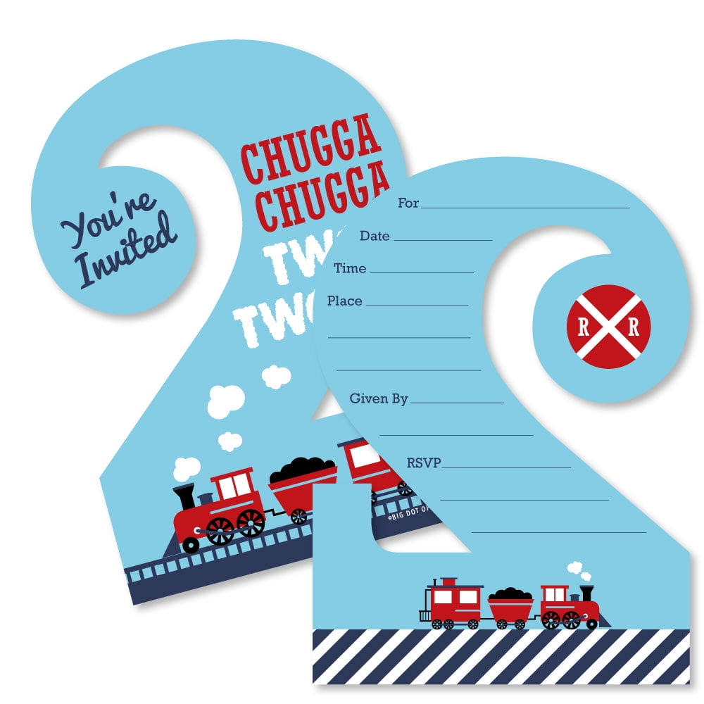 2nd Birthday Railroad Party Crossing - Shaped Fill-in Invitations - Steam Train Second Birthday Party Invitation Cards