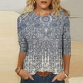 thumbnail image 2 of Black and Friday Deals 2023 Cotonie Women's Coloured Printed T-shirt 3/4 Sleeves Pullover Round Neck Blouse 2023 Trendy Casual Tops,Blue,S, 2 of 5