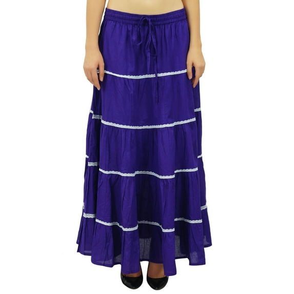 Bimba Womens Long Flaired Cotton Skirt Boho Maxi Bottoms Elastic Waist Indian Clothing