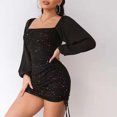 thumbnail image 2 of IROINNID Semi Formal Dress for Women Long Sleeve Mini Dress Fall Drawstring Bishop Sleeve Off-The-Shoulder Neck Dress,Black, 2 of 6