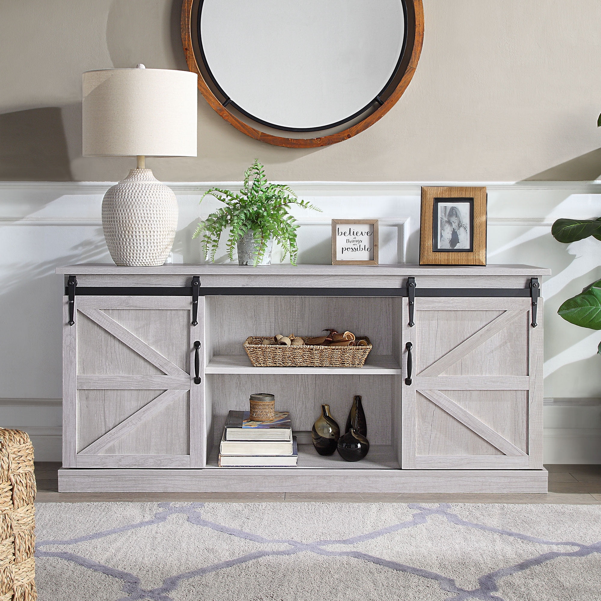 BELLEZE Modern Farmhouse 58" Sliding Barn Door TV Stand Console With
