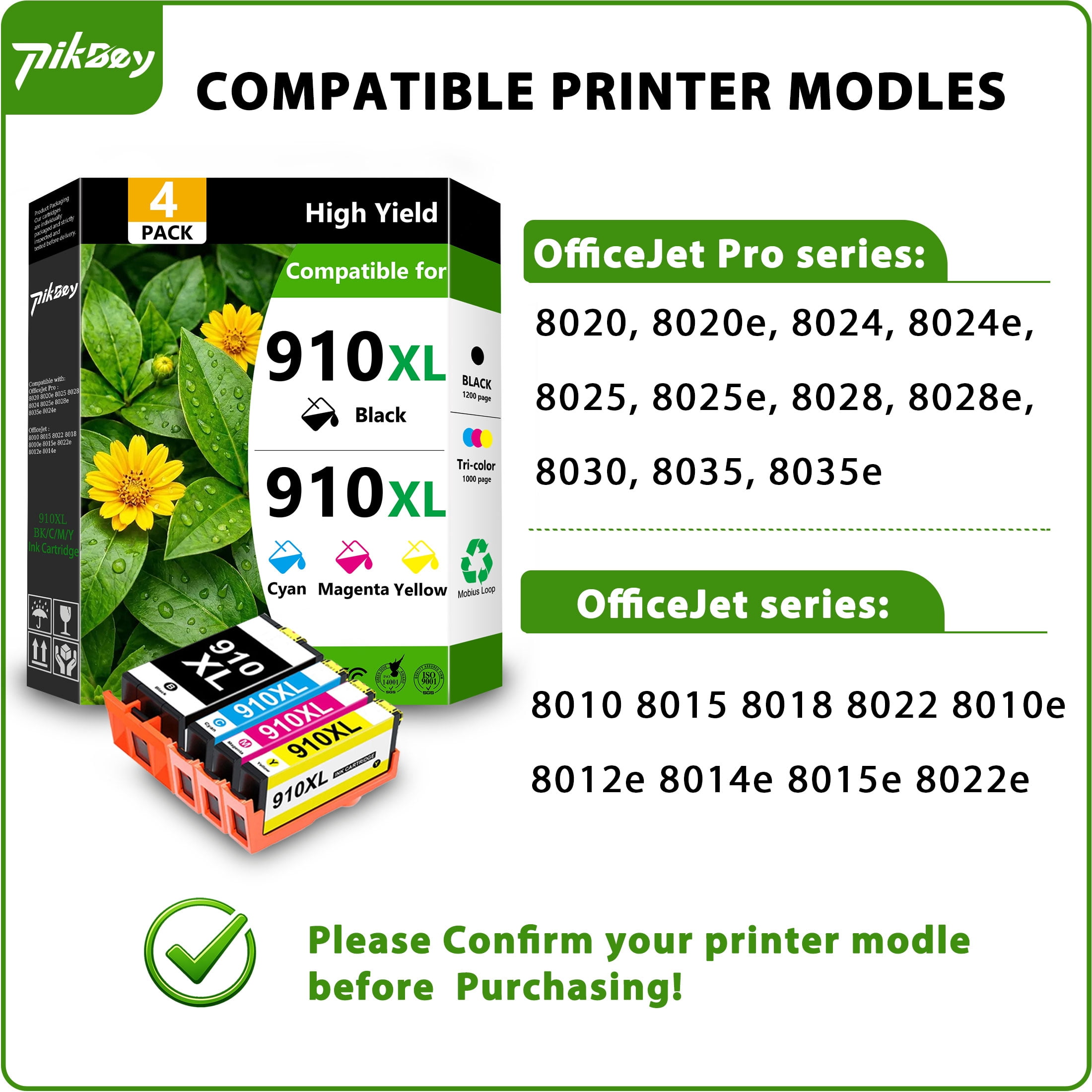910 XL Ink Cartridges 4 Pack Compatible for HP 910XL Combo Pack Ink Cartridges Works with OfficeJet 8020 8015e Pro 8025e 8020e Printers (Black Cyan Magenta Yellow)