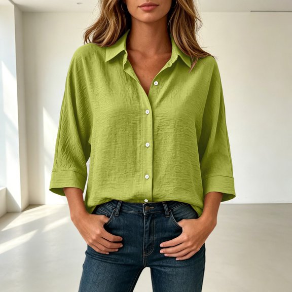 Button Down Shirt Collared 3/4 Sleeve Flowy Business Casual Shirts Dressy Work Travel Blouses