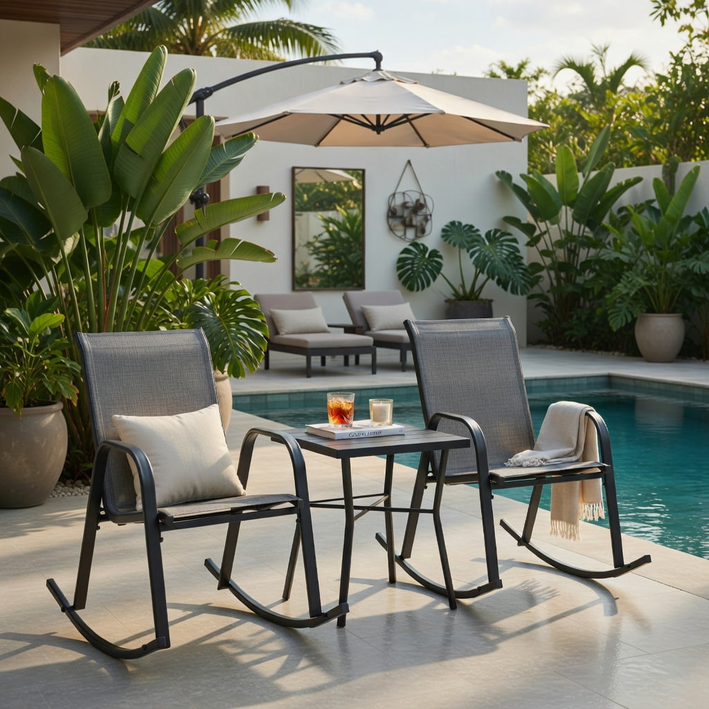 Hommoo 2-Pack Modern Metal Rocking Chairs for Patio, Rust-Resistant Steel Frame, Breathable Fabric Seat, Outdoor Rockers with Safety Stopper, Gray