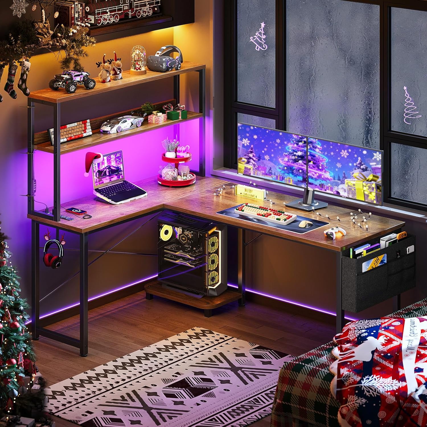 53 Inch L Shaped Desk with LED Lighting, Reversible Gaming Desk with Power Outlets, Cornor Computer Table with Storage Shelves & Bag & Iron Hook, Home Office Table for Writing, Study, Vintage