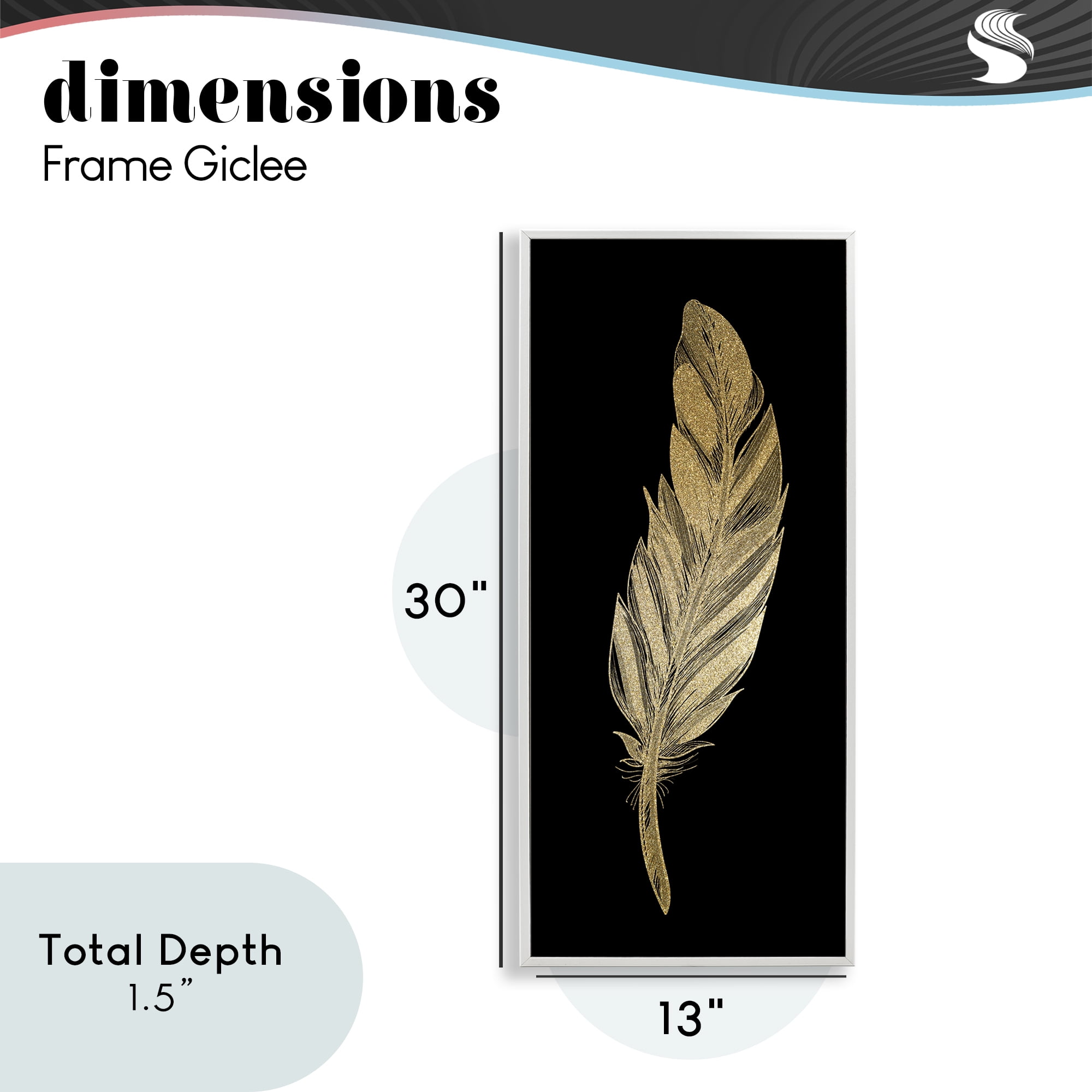 Glam Feather Black & Gold White Framed Giclee Art, design by Kim Allen