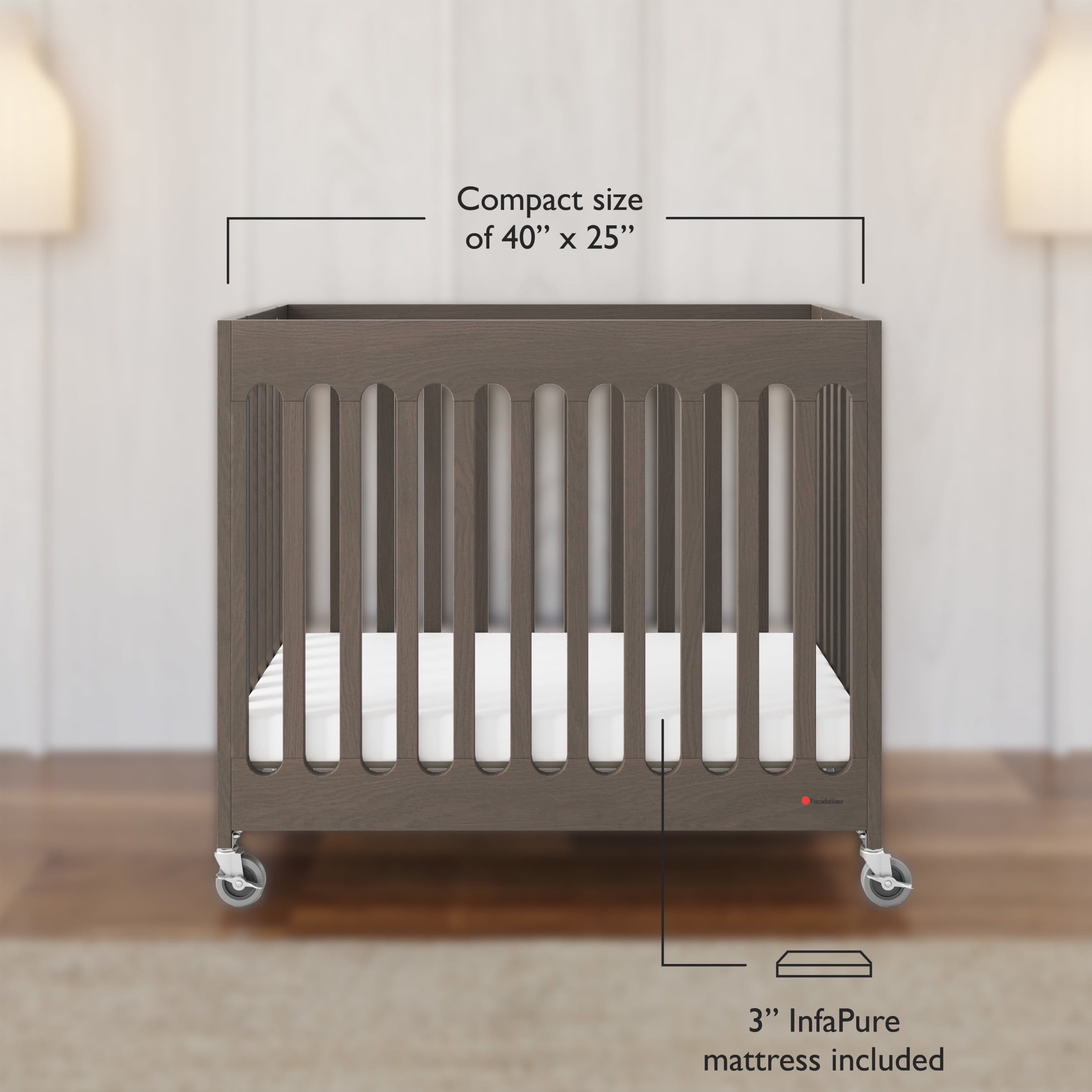 Foundations Boutique Folding Hotel Crib and Sheet Bundle - Includes Wooden Mini Crib with 3" Foam Mattress (Gray) and 6-Pack White Fitted Compact Crib Sheets