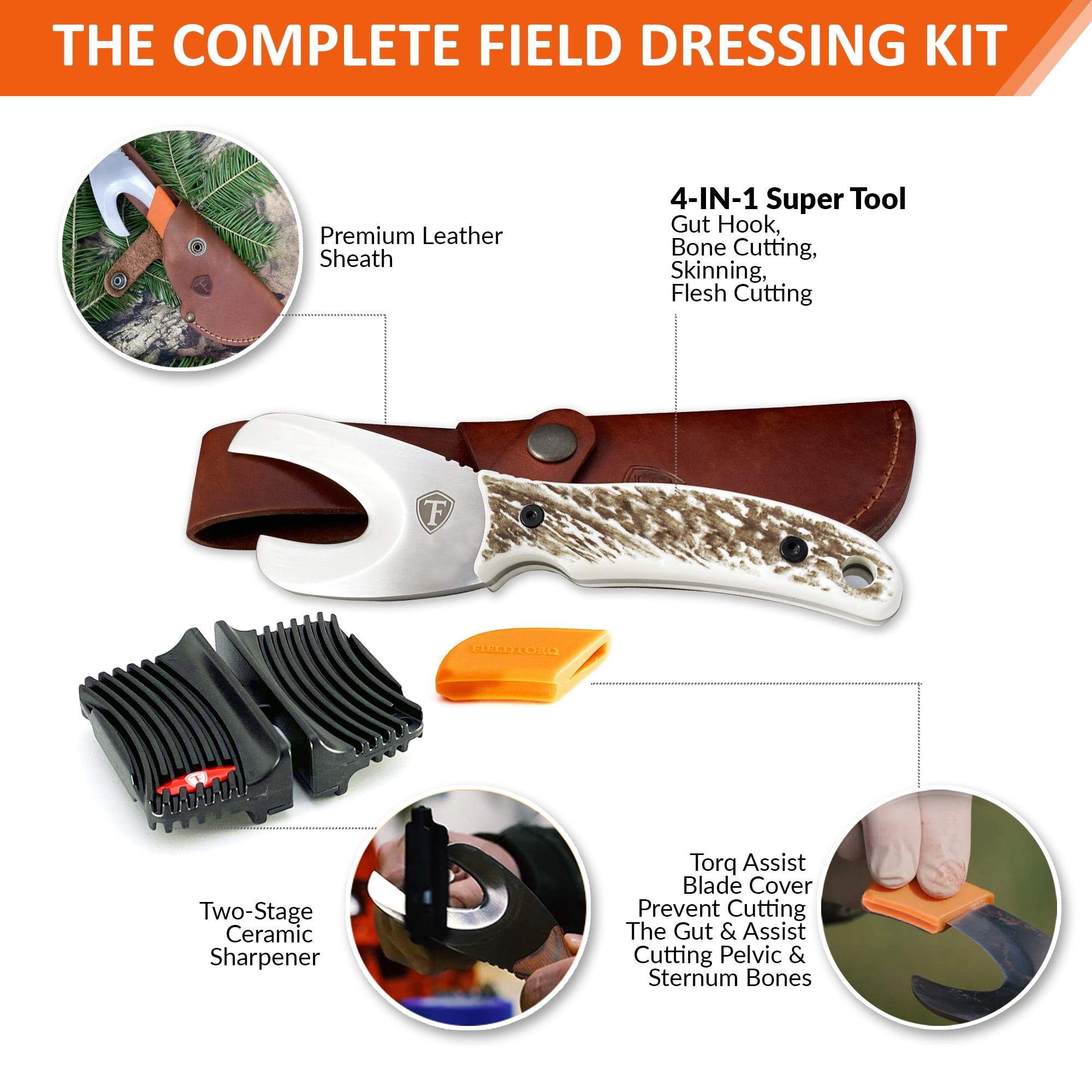 FieldTorq Knives Super Tool 4 in 1 Field Dressing Kit With Sheath and  Sharpener 