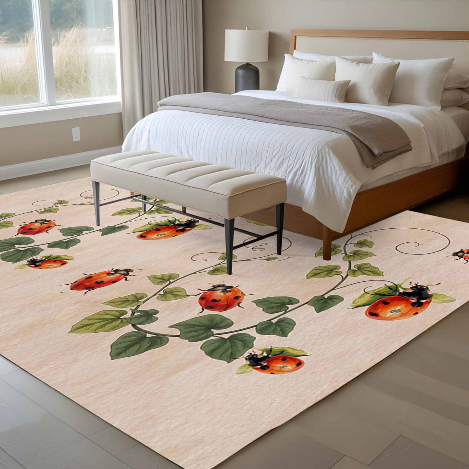 Ladybugs Eucalyptus Leaves Area Rugs 5'x7', Washable Small Throw Rugs for Laundry Room Playroom, Spring Botanical Vintage Indoor Outdoor Rug Non-Slip Low Pile Carpet Runner Reversible Floor Mats