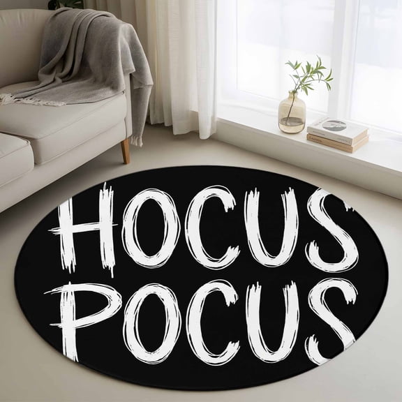 Round Area Rugs Collection 3.3 Ft, Halloween Non-Slip Residential Carpet, Fall Modern Funny Letters Hocus Pocus Black Indoor Crawling Mats Doormat Runner Rugs Play Mat forBedroom