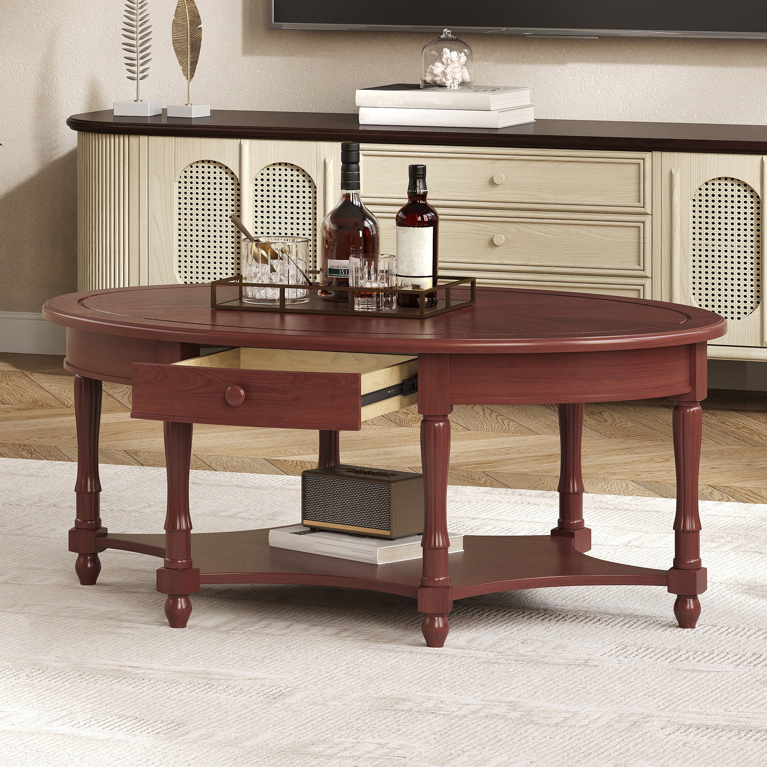 Vintage Oval Coffee Table with Drawer and Storage Shelf, Antique Cocktail Table in 45", French Country Accent Table for Living Room, Cherry