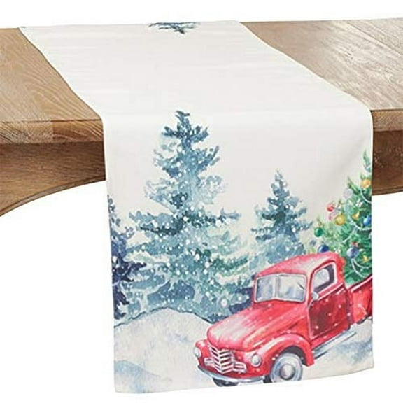 Fennco Styles Red Truck and Ornament Christmas Tree Table Runner 16" W x 70" L - Multicolored Festive Table Cover for Home Décor, Dining Table, Banquet, Family Gathering, Holida