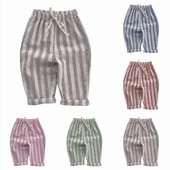 Krdevn Kids' Striped Linen Cotton Pants, Elastic Waist Drawstring Trousers for Boys & Girls,Light Purple