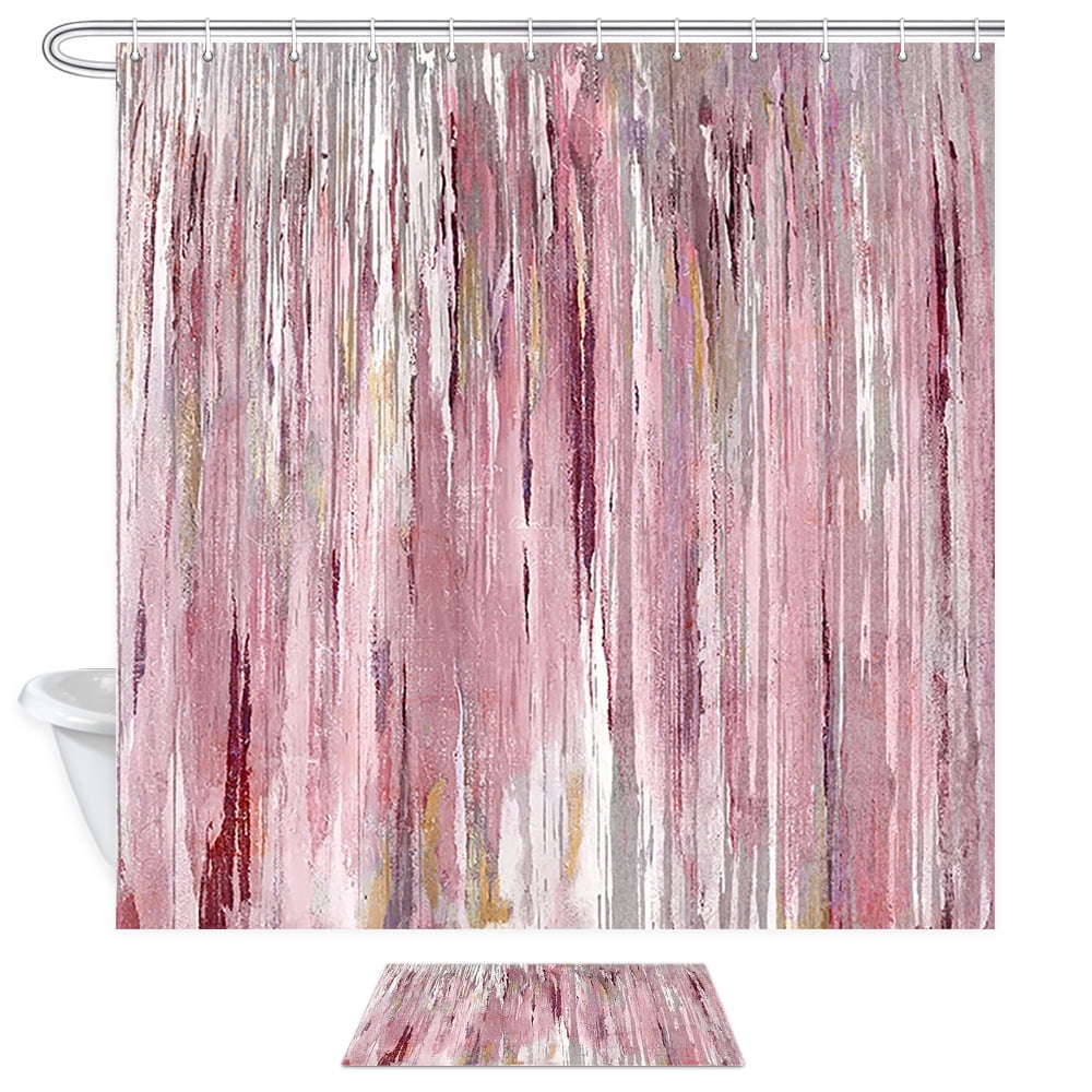 4 Pcs Shower Curtain Set, Blue and Grey Abstract Art Shower Curtain with Non-Slip Rugs, Toilet Lid Cover and Bath Mat, Bathroom Sets Decorations 72" x 72", Pink