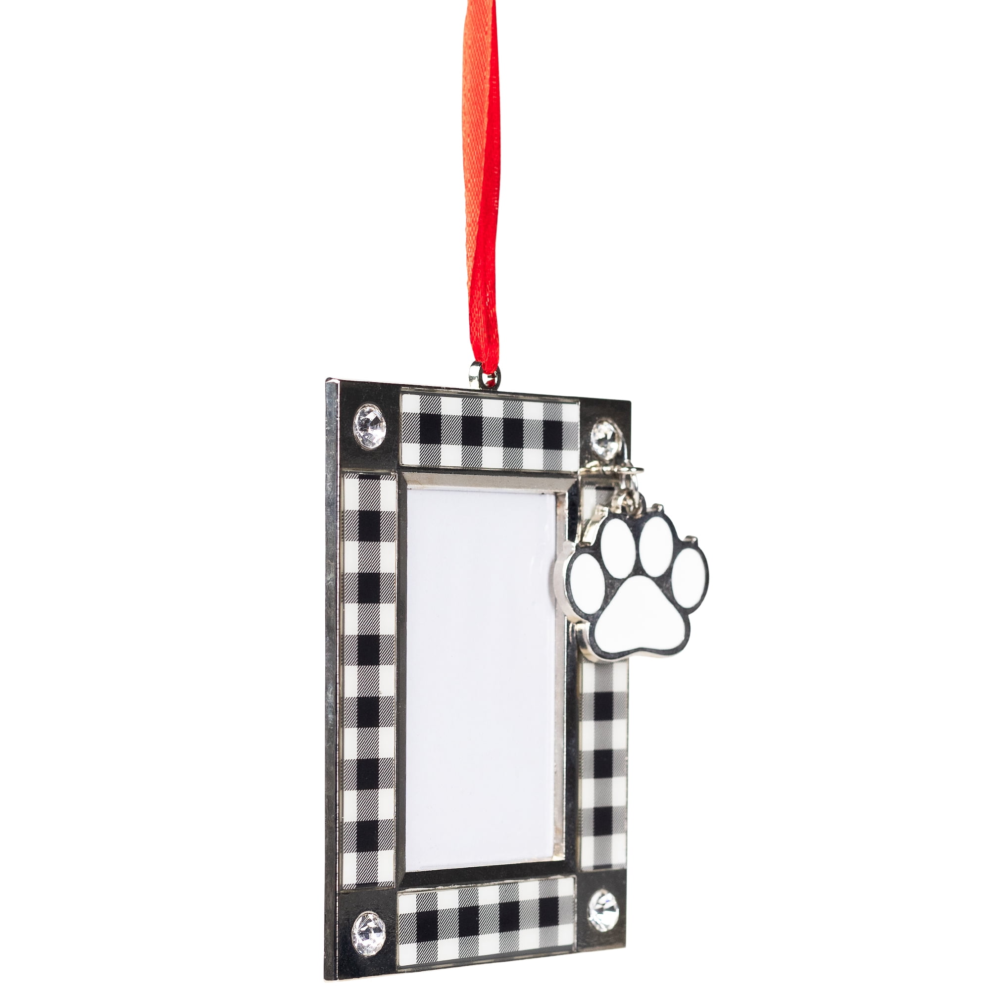 Paw Print Buffalo Plaid Pet Photo Frame Christmas Ornament - 3.5"